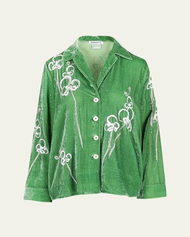 Flower Embroidered Velvet Button Down Blouse